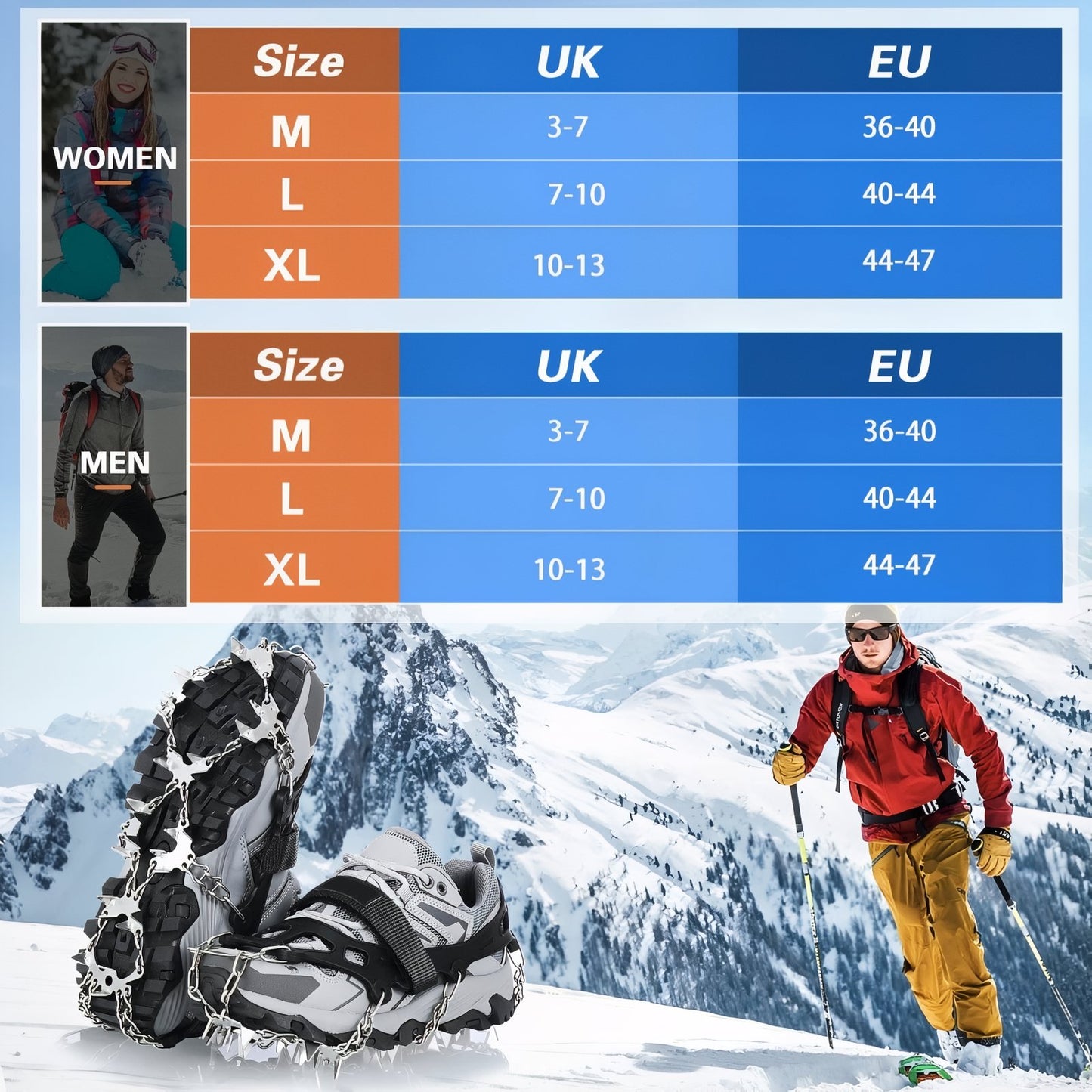Crampons Glace Randonnée 32 Dents guide des tailles - 36-40 - 40-44 - 44-47