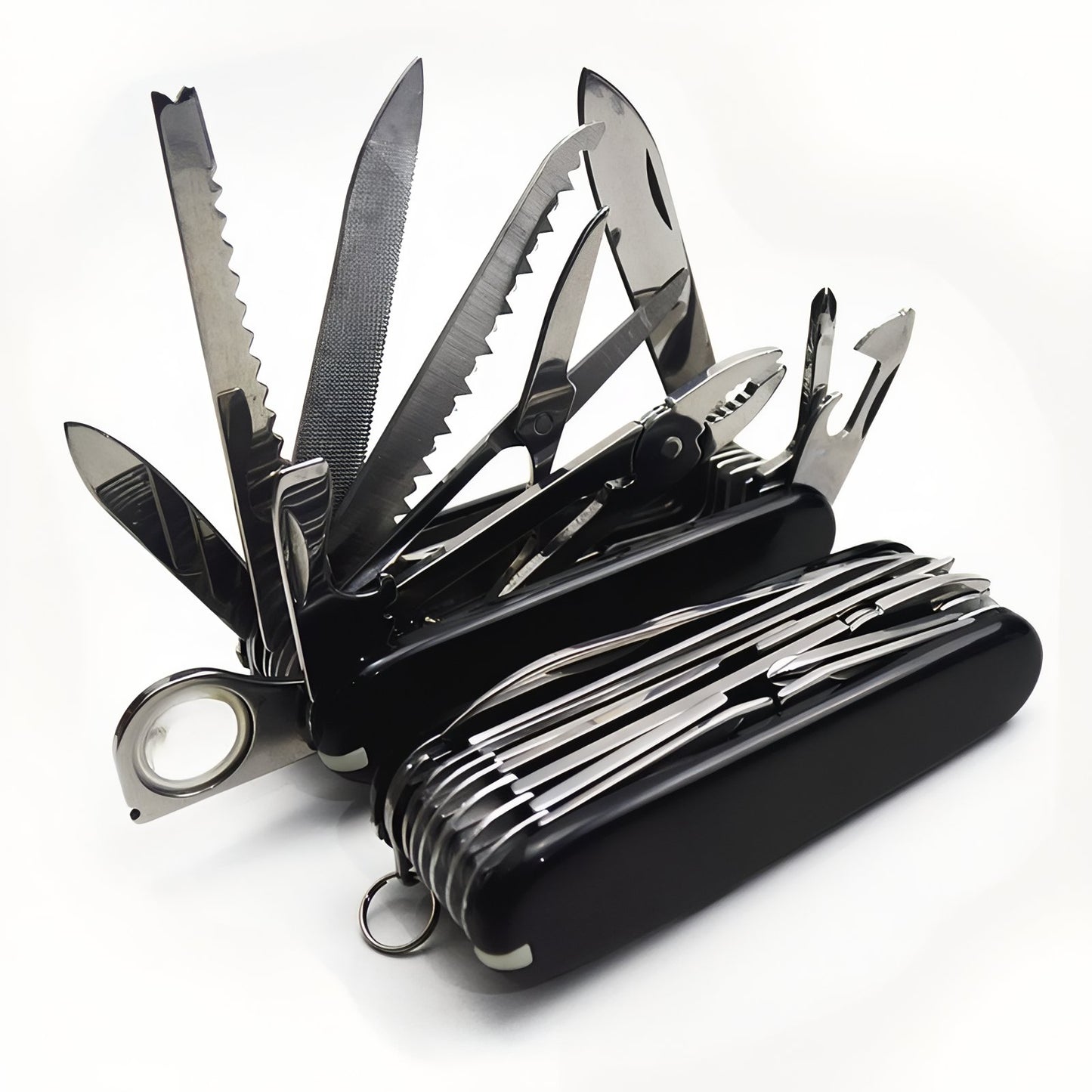 Couteau Multifonction Randonnée 30 Fonctions gros plan outils déployés - Noir