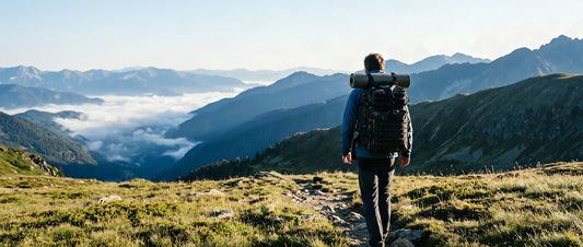 Randonneur sur un sentier alpin portant un sac à dos 50L de trek au lever du jour