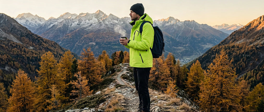Randonneur en veste de randonnée chaude sur un sentier de montagne un matin froid d'automne