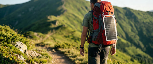 Randonneur avec un chargeur solaire portable fixé sur son sac à dos en pleine lumière