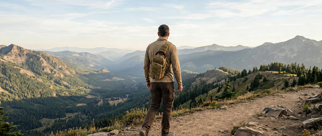 Homme portant un sac bandoulière sur un sentier de crête face au panorama