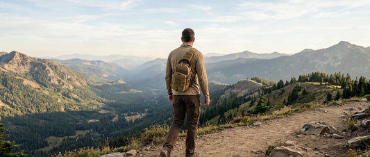 Homme portant un sac bandoulière sur un sentier de crête face au panorama