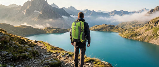 Randonneur avec un sac à dos 40L face à un lac alpin au lever du soleil, une des plus belles randonnées de France