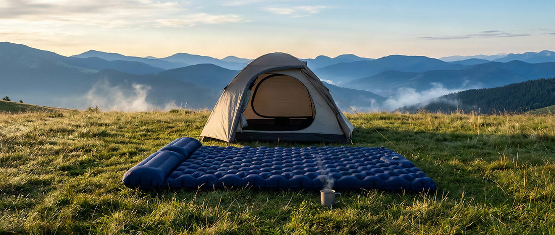 Matelas de camping gonflable 2 personnes avec coussins intégrés devant une tente au lever du jour en montagne