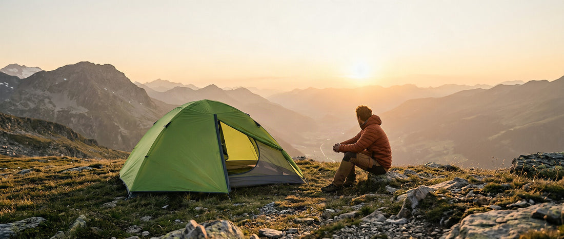 Tente de bivouac deux places plantée sur un plateau de montagne au coucher du soleil
