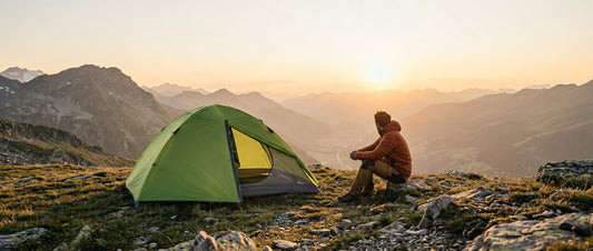 Tente de bivouac deux places plantée sur un plateau de montagne au coucher du soleil
