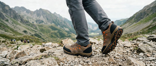 Chaussures de randonnée en action sur un sentier rocheux de montagne