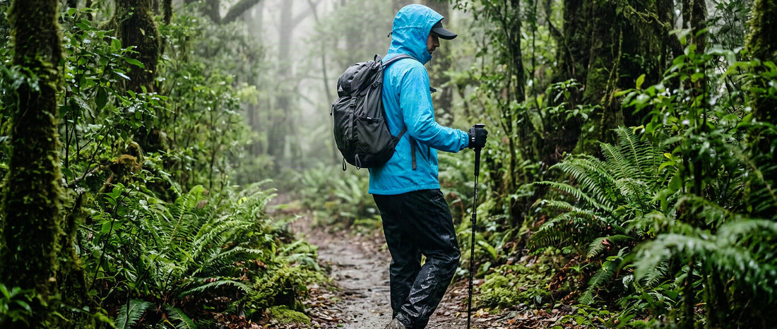 Randonneur en veste et casquette imperméables sur un sentier sous la pluie