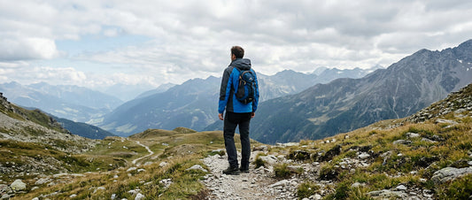 Randonneur en veste imperméable face à un panorama de montagne sur un sentier