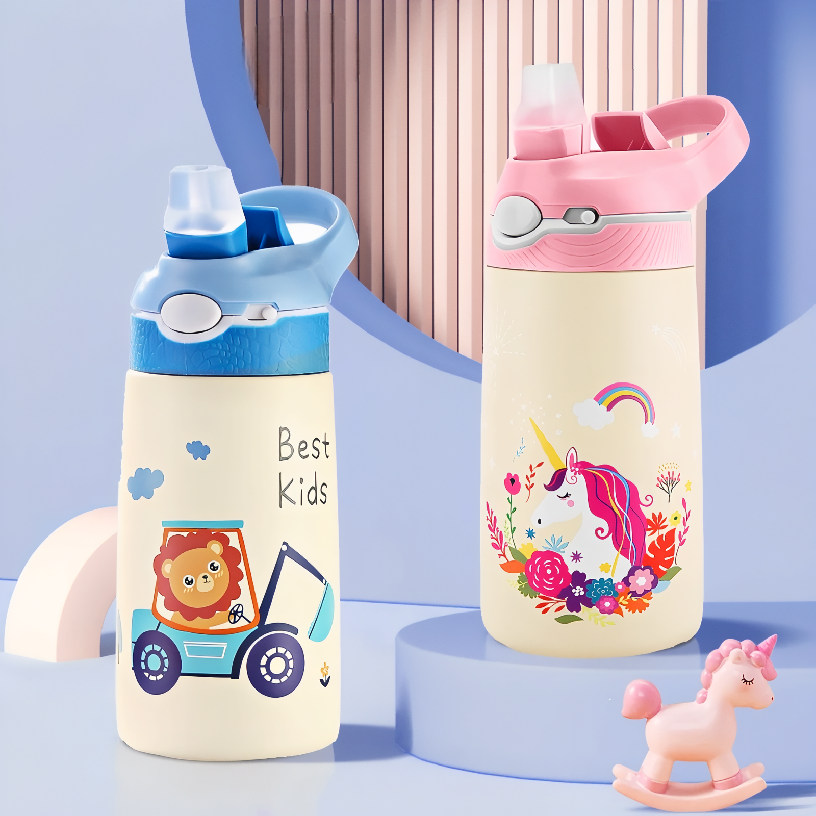 Gourde Enfant Flamant Rose 400ML deux gourdes en scène - Flamant Rose