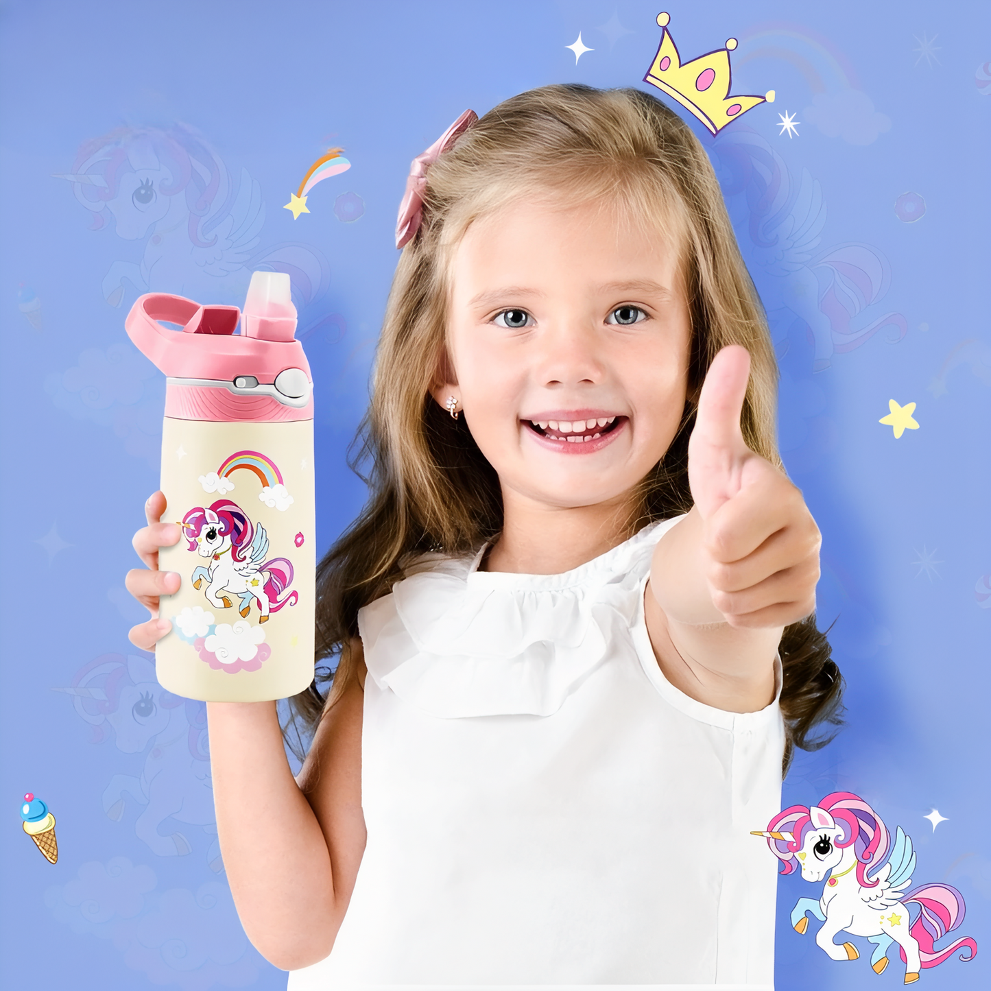 Gourde Enfant Flamant Rose 400ML enfant montrant le pouce - Flamant Rose