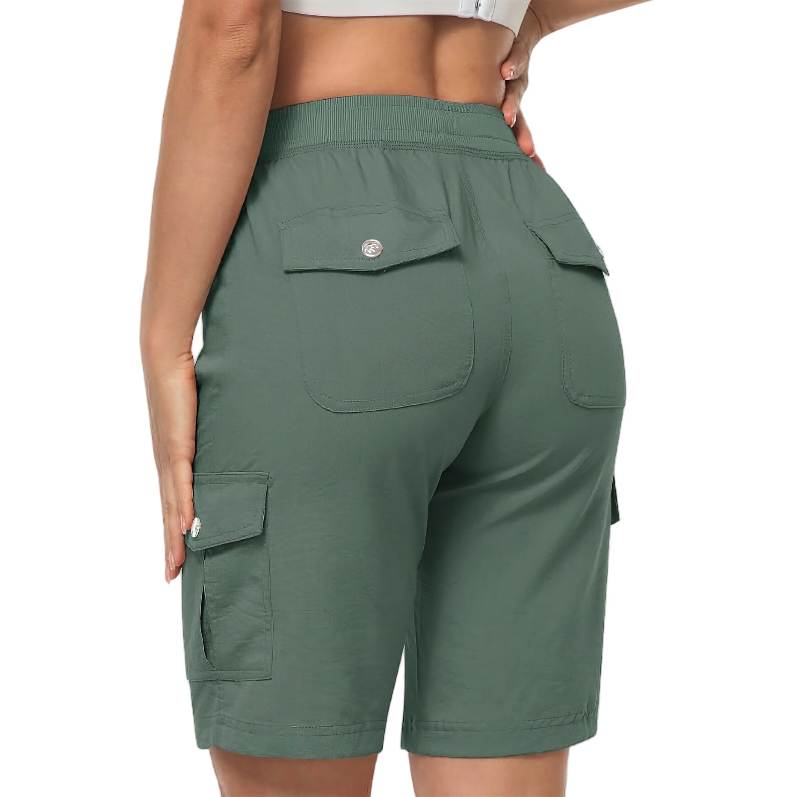 Short Long Randonnée Femme vue arrière avec poches - Beige - Kaki Clair - Gris - Noir - Bleu Marine - Vert Militaire