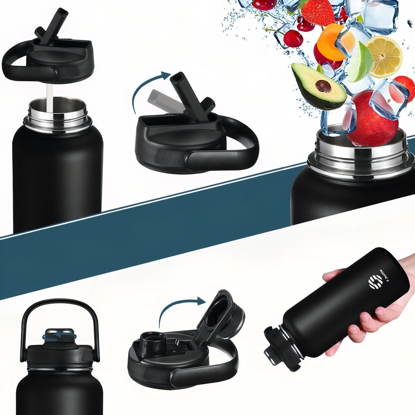 Gourde Inox Randonnée détails du couvercle - Noir Mat - Violet Pastel - Turquoise - Orange - Rose Poudré - Gris Foncé - Bleu Nuit