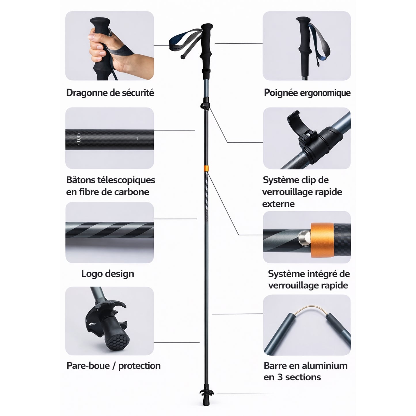 Bâton de Randonnée Pliable Carbone