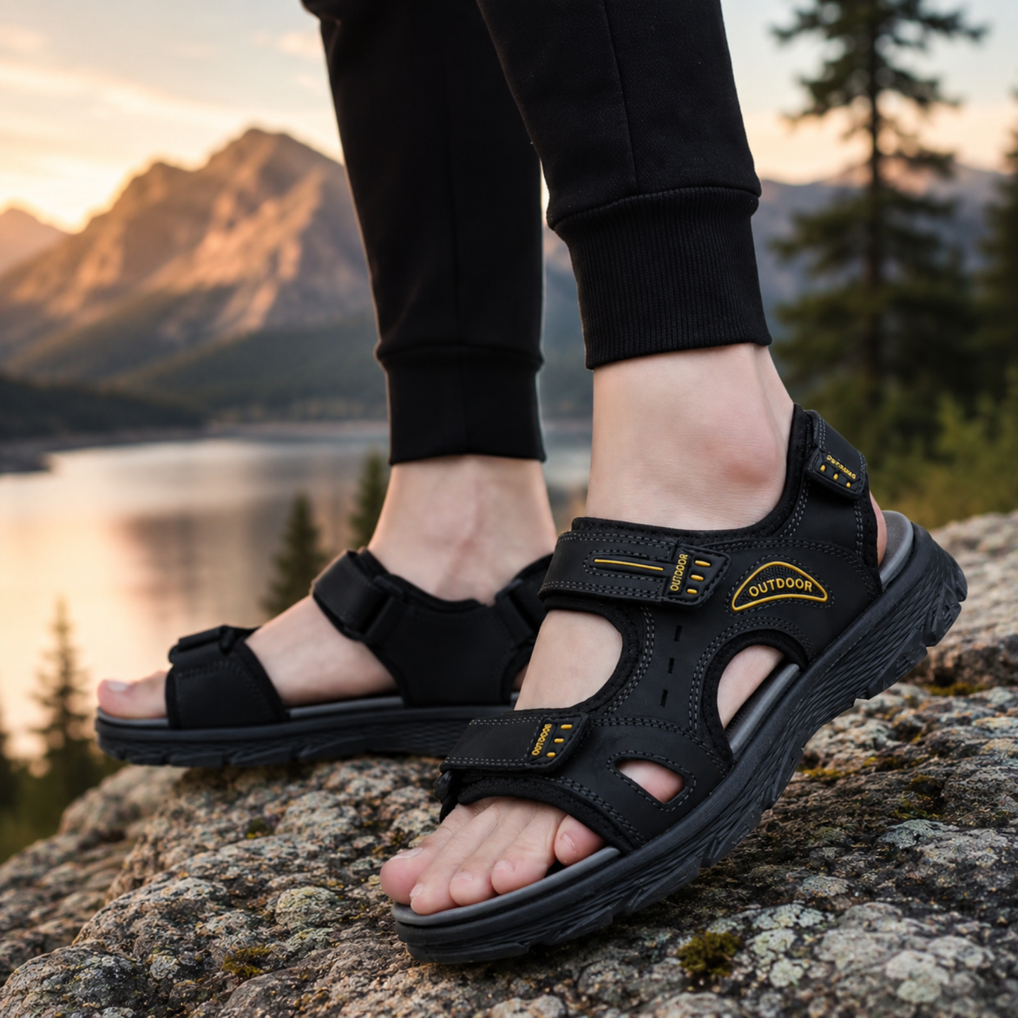 Sandales De Marche Homme Cuir portée en extérieur - Marron - Noir