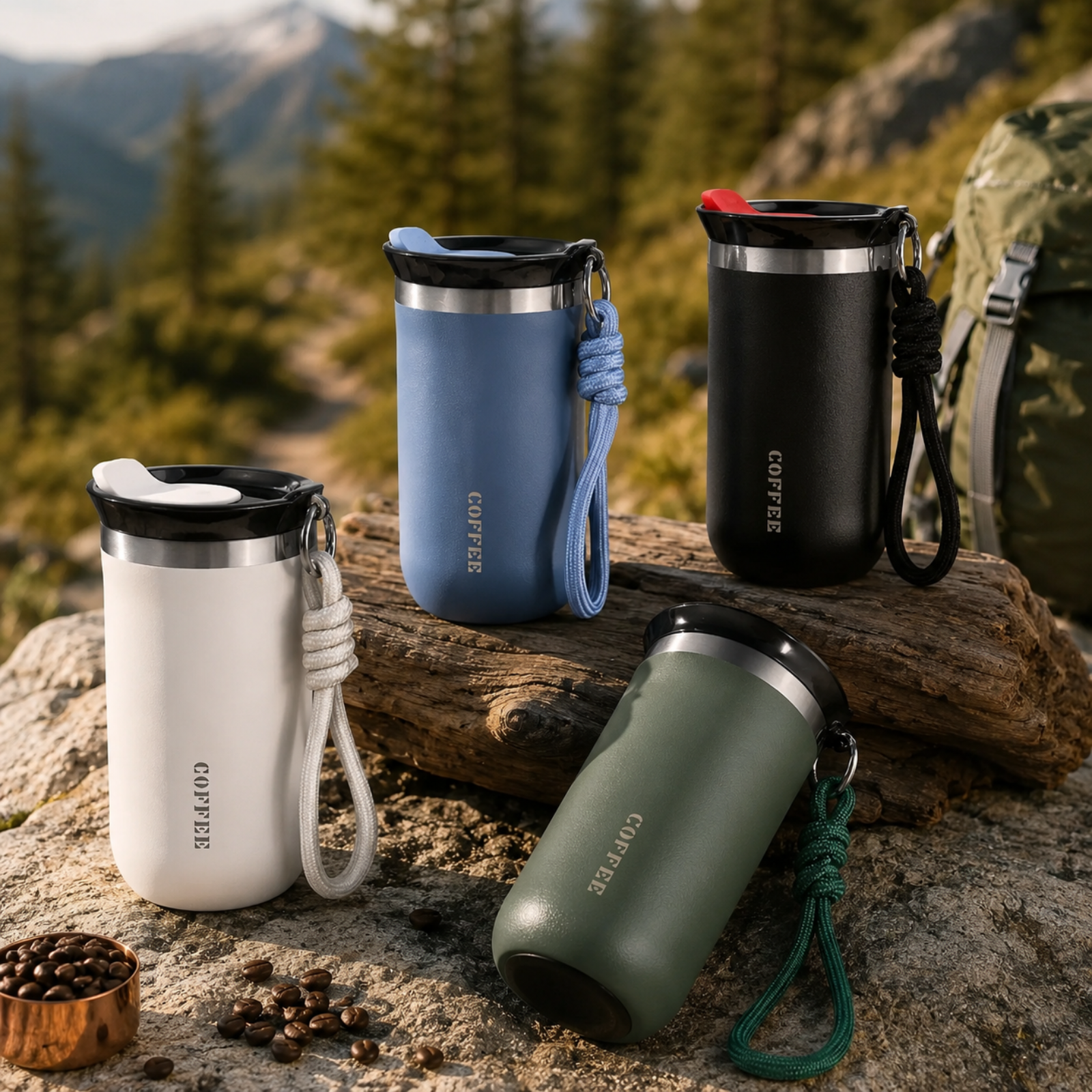 Mug Isotherme Randonnée quatre mugs alignés - Vert - Bleu Ciel - Blanc - Noir
