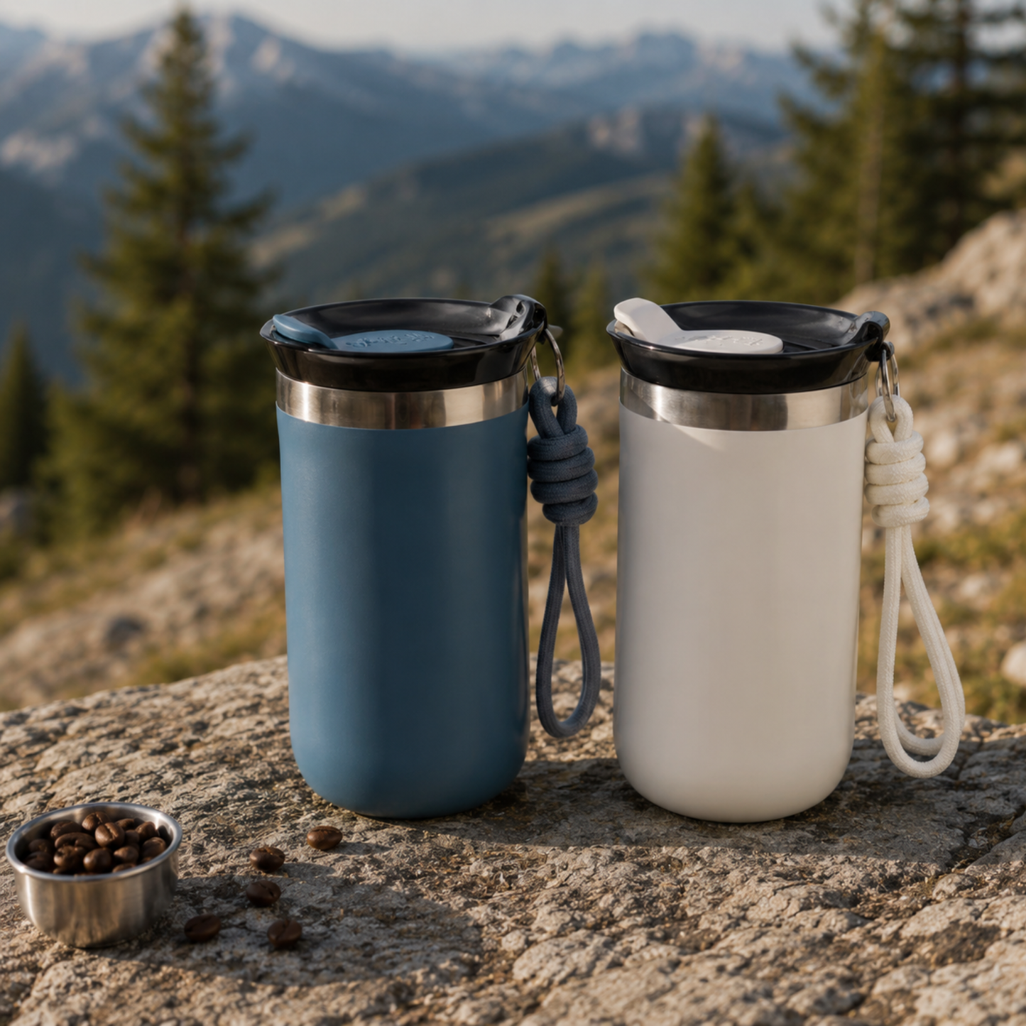 Mug Isotherme Randonnée deux mugs en extérieur - Vert - Bleu Ciel - Blanc - Noir