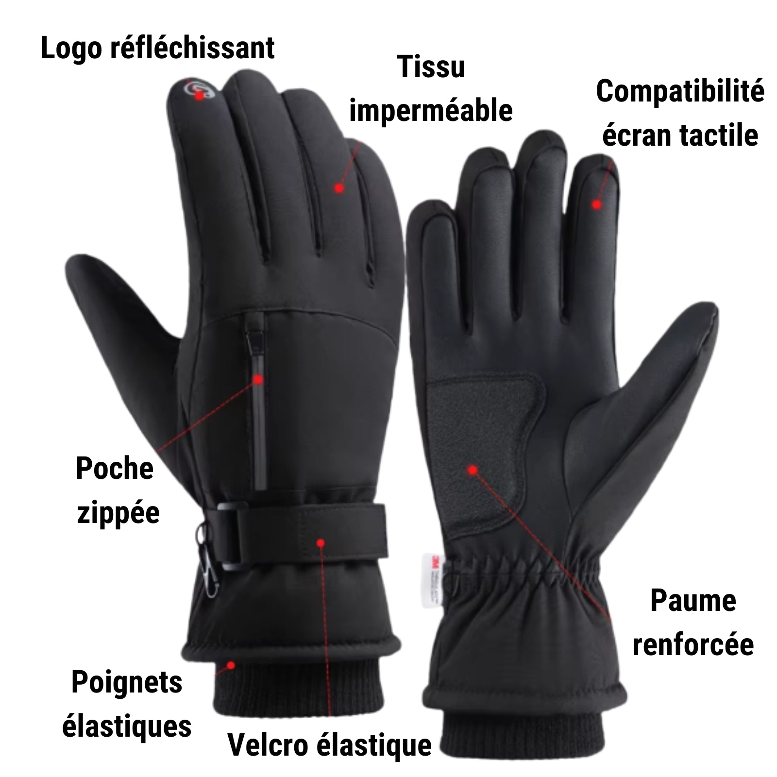 Gants Randonnée Grand Froid gros plan fermeture zippée - Noir avec Poche - Blanc avec Poche - Noir