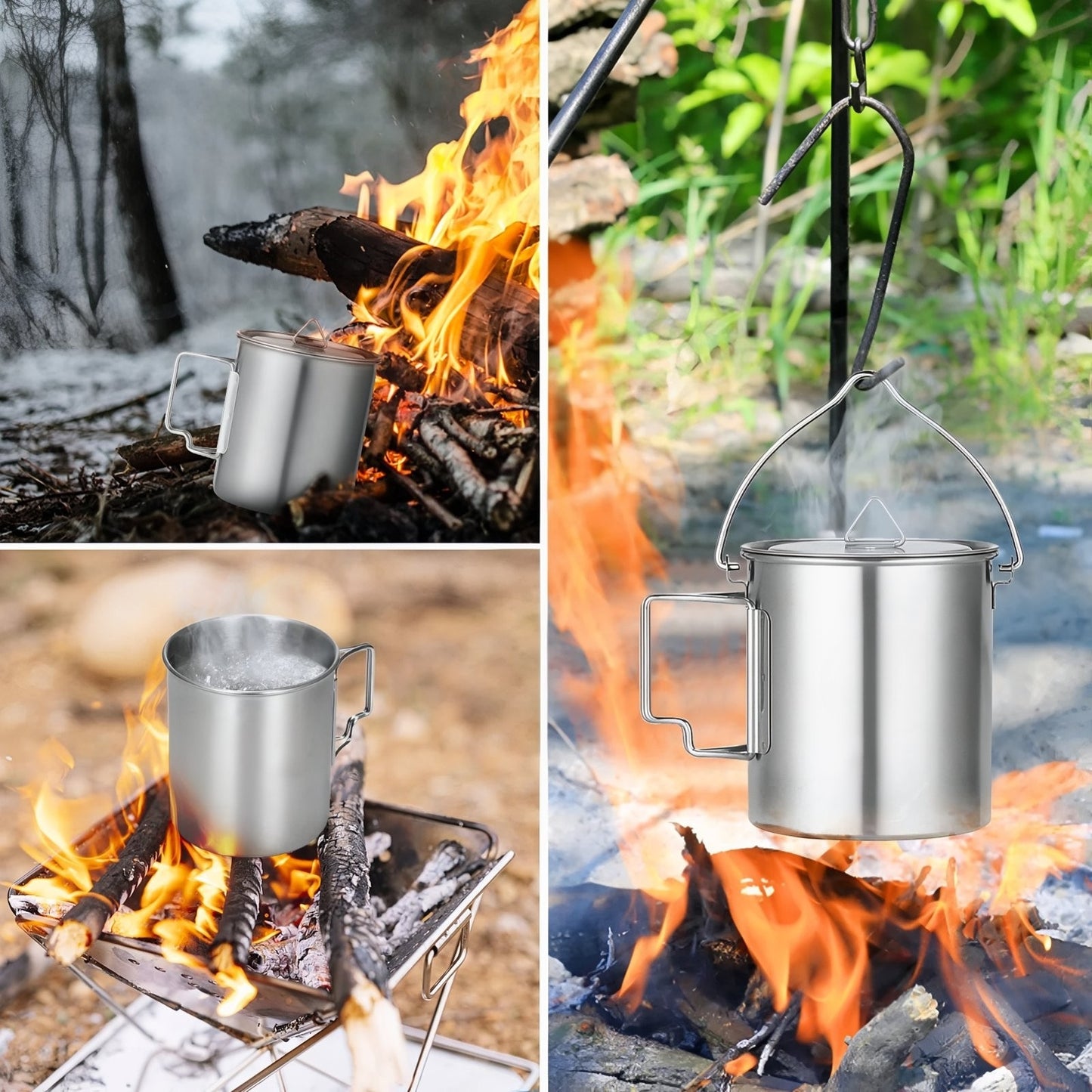 Gourde Inox Avec Tasse Intégrée mise en situation feu - Gourde Seule - Gourde et Tasse 1 - Gourde et Tasse 2