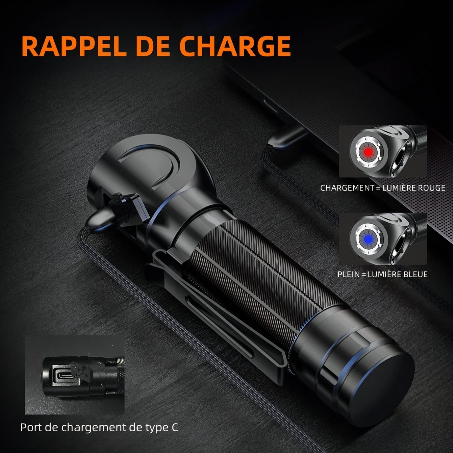 Lampe De Poche Frontale gros plan port de charge - 2000mAh - 3400mAh