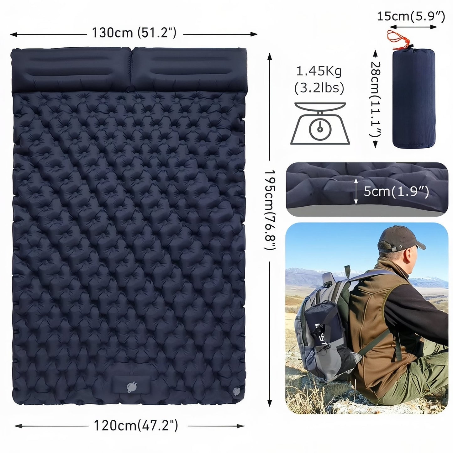 Matelas Gonflable Randonnée 2 Personnes Avec Coussin guide des dimensions - Bleu Marine - Bleu Ciel - Marron Clair - Vert Olive