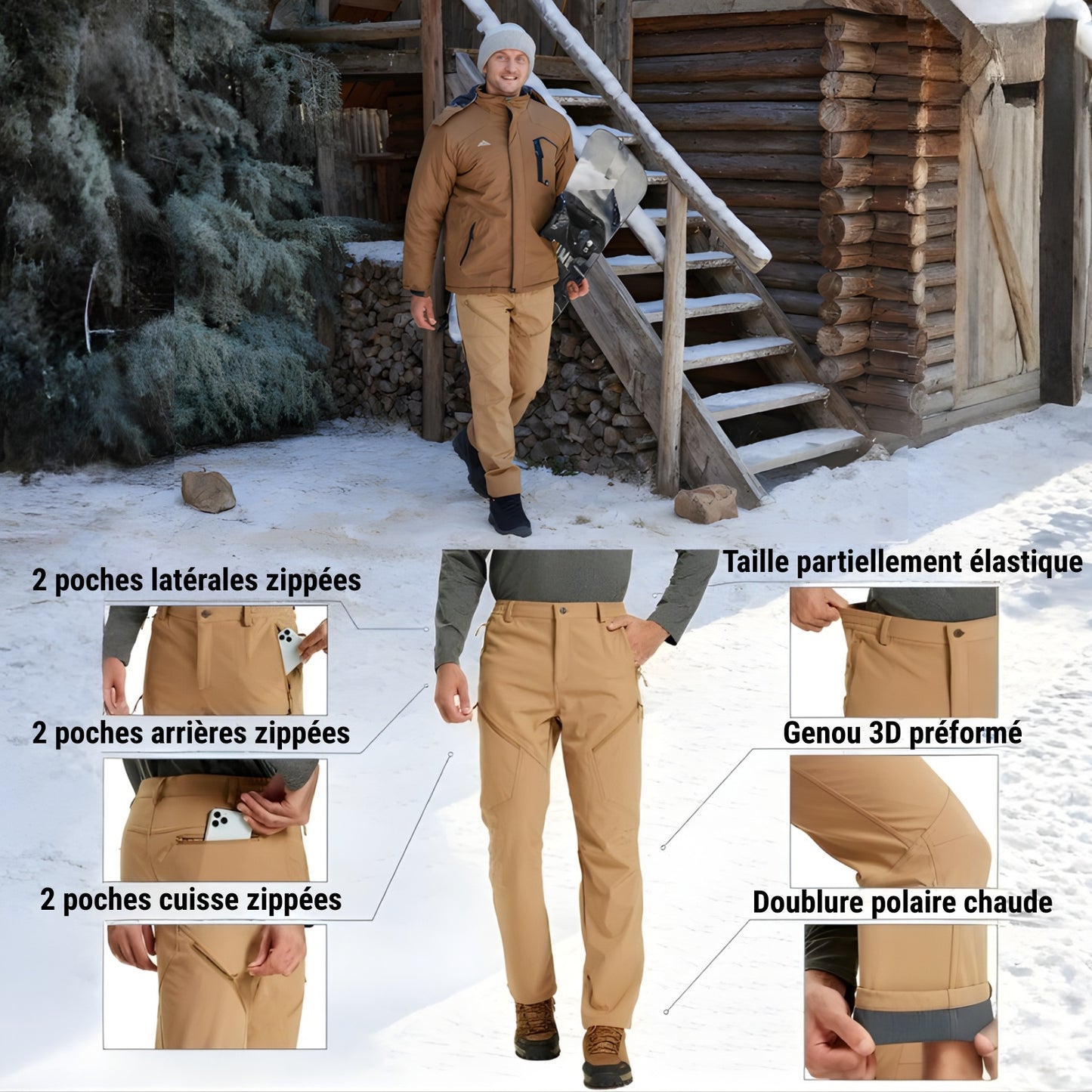 Pantalon Randonnée Chaud Homme mise en situation portée - Beige - Vert Militaire - Noir - Bleu Marine - Gris Foncé
