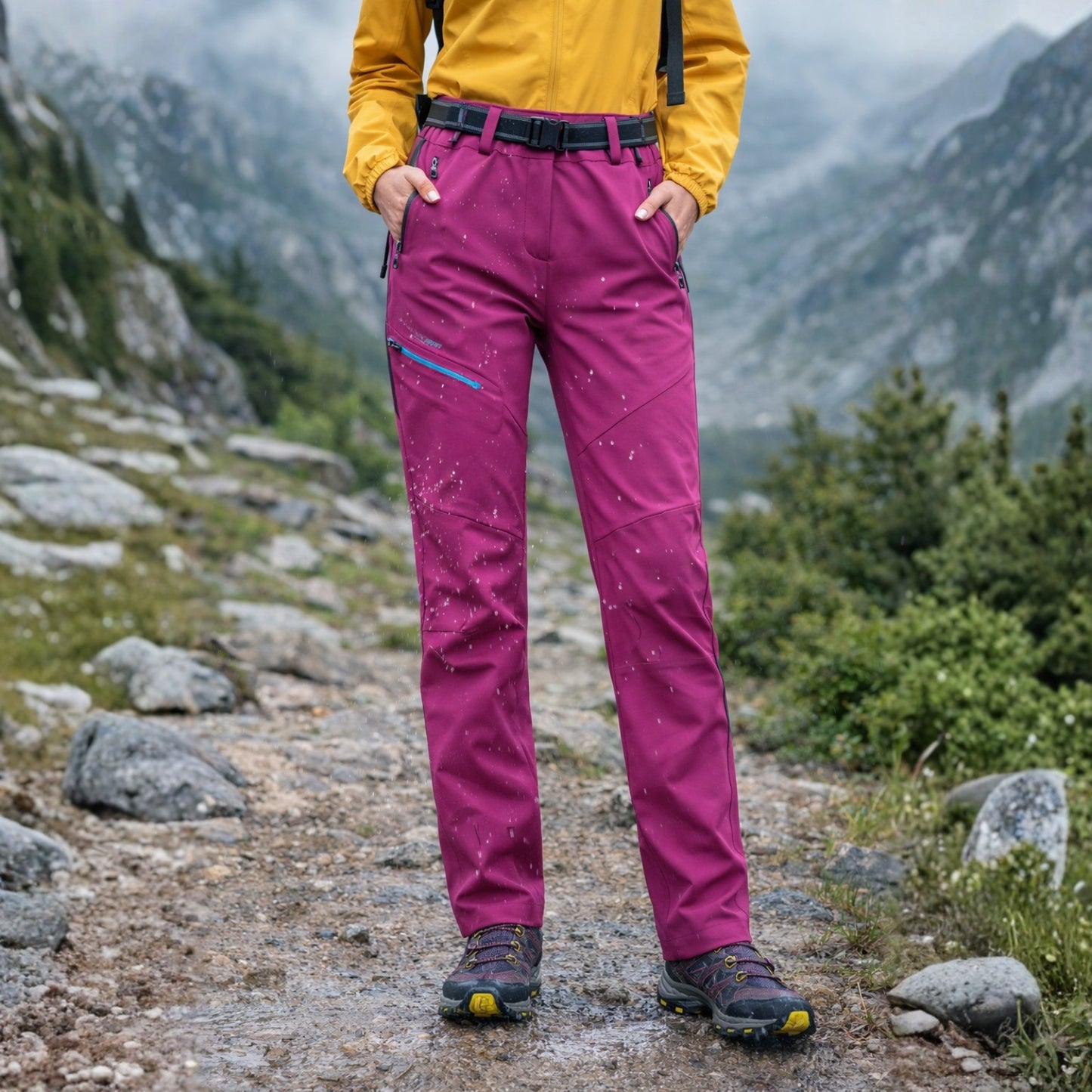 Pantalon Randonnée Déperlant Femme portée en extérieur - Violet Fuchsia - Bleu Marine - Noir