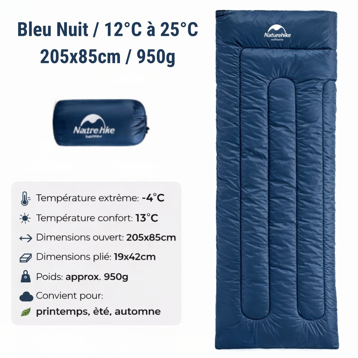 Sac De Couchage Randonnée Léger guide des dimensions - Vert Olive - 190x75cm - 800g - Bleu Nuit - 205x85cm - 950g