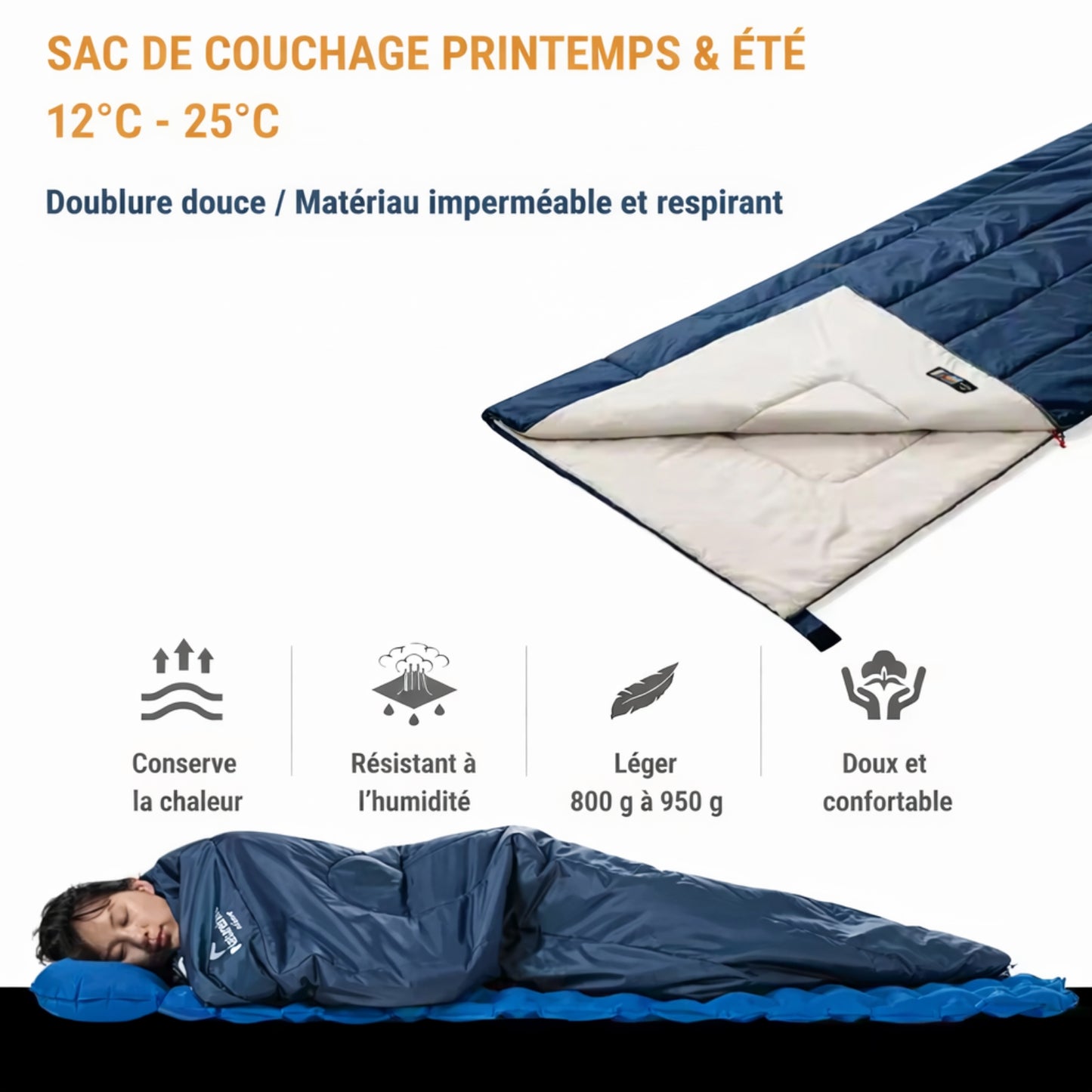 Sac De Couchage Randonnée Léger mise en situation portée - Vert Olive - 190x75cm - 800g - Bleu Nuit - 205x85cm - 950g