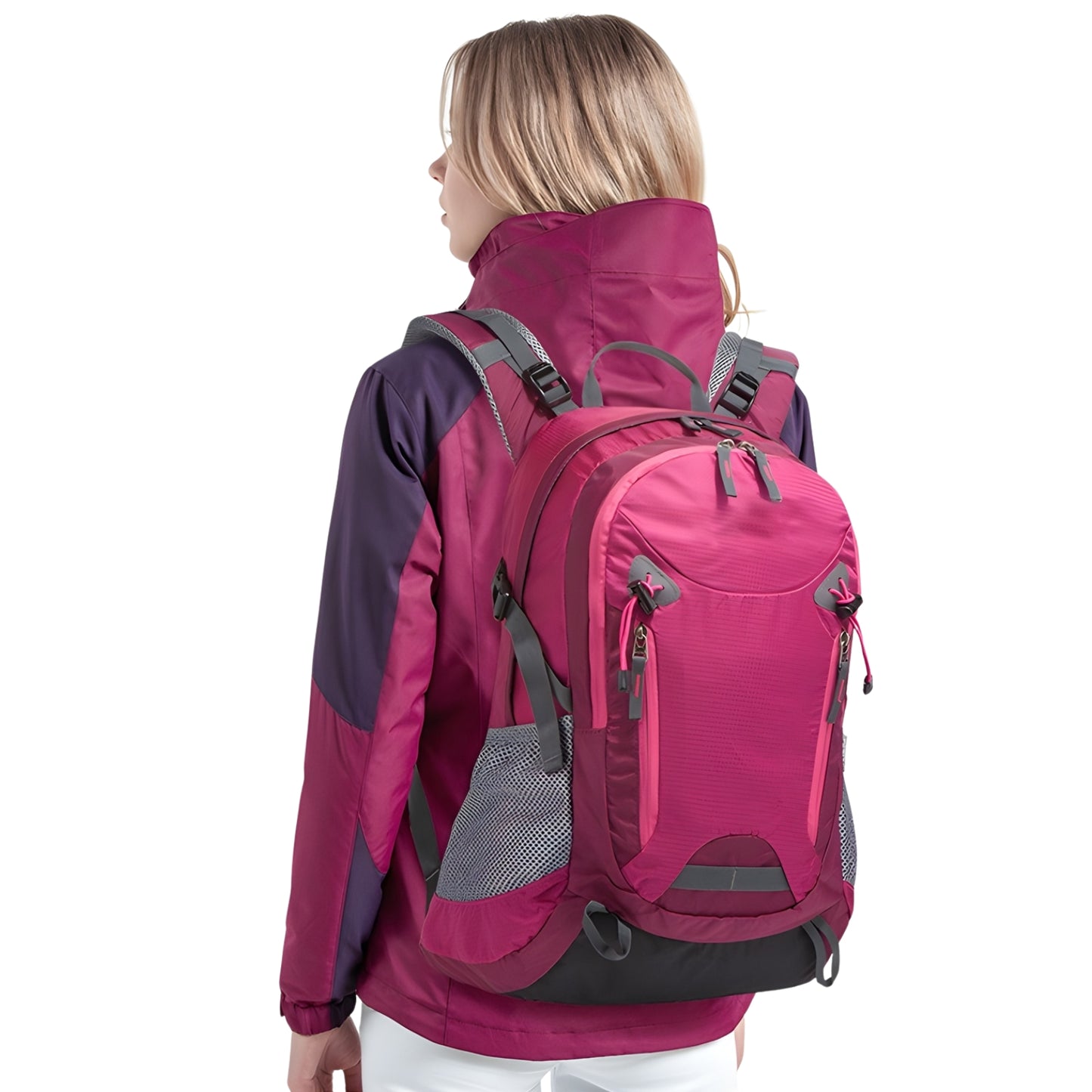Sac à Dos Randonnée Ultra Léger 35L portée sur le dos - Orange - Violet - Noir - Bleu - Rose