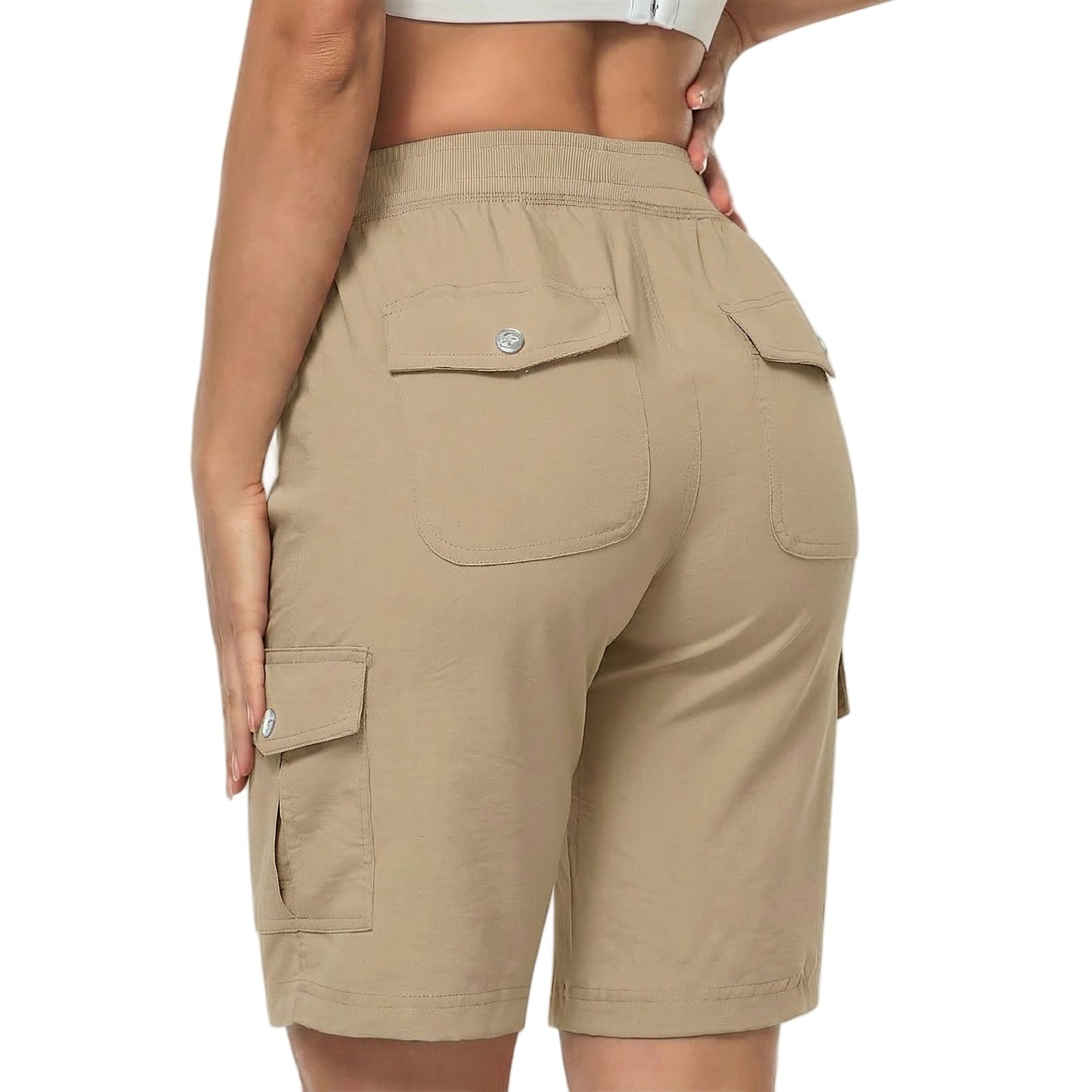 Short Long Randonnée Femme détail poches arrière - Beige - Kaki Clair - Gris - Noir - Bleu Marine - Vert Militaire