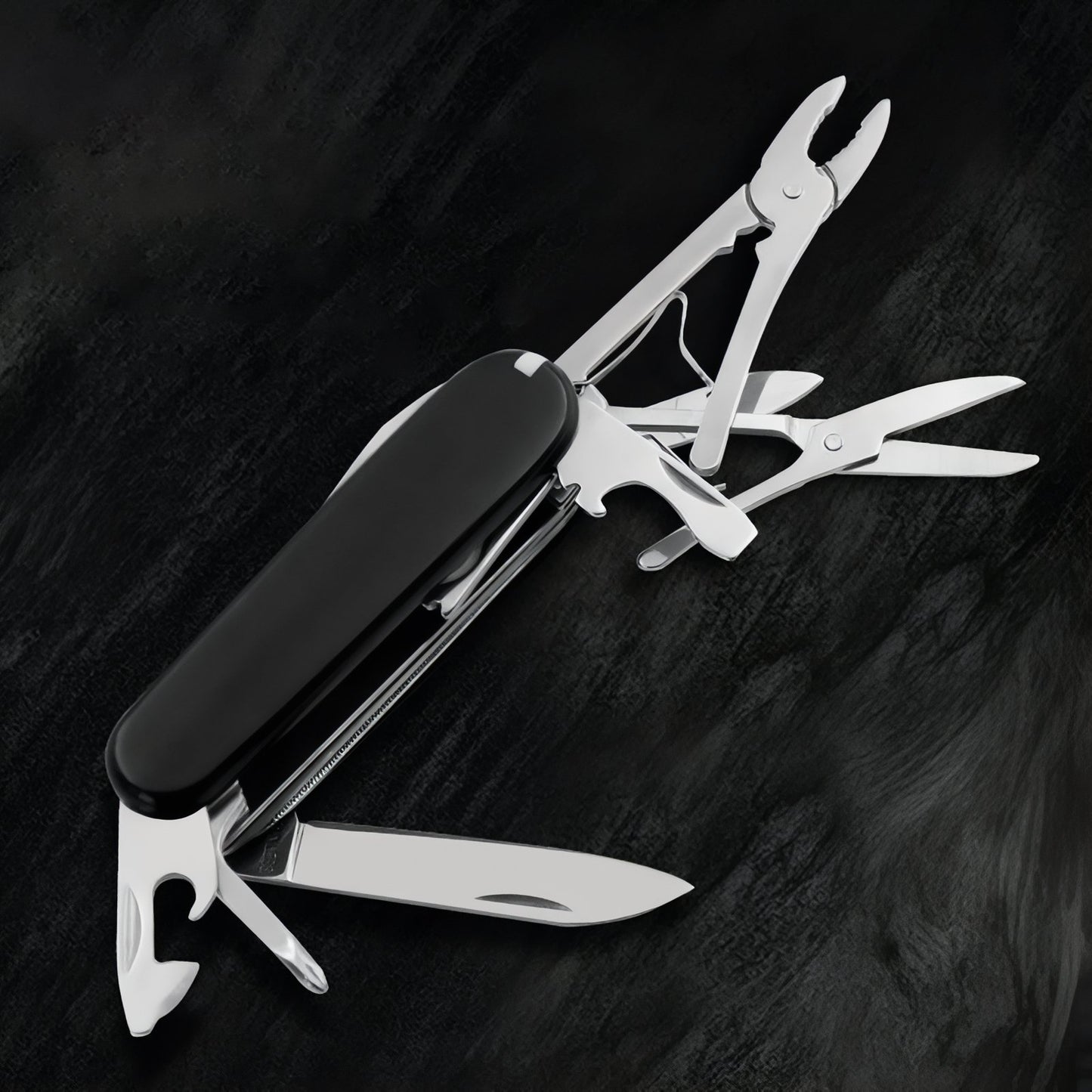 Couteau Multifonction Randonnée 30 Fonctions gros plan outils déployés - Noir