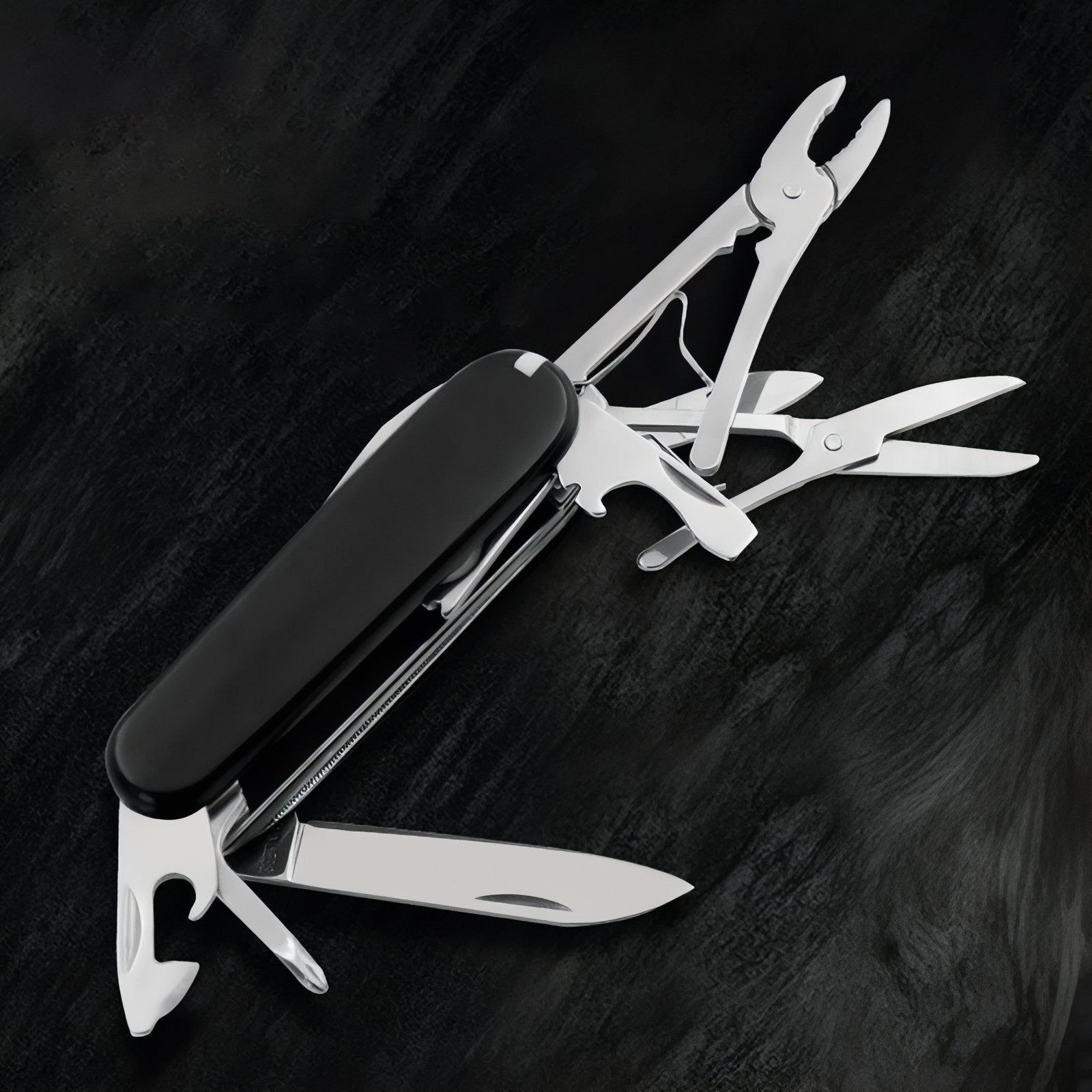 Couteau Multifonction Randonnée 30 Fonctions gros plan outils déployés - Noir