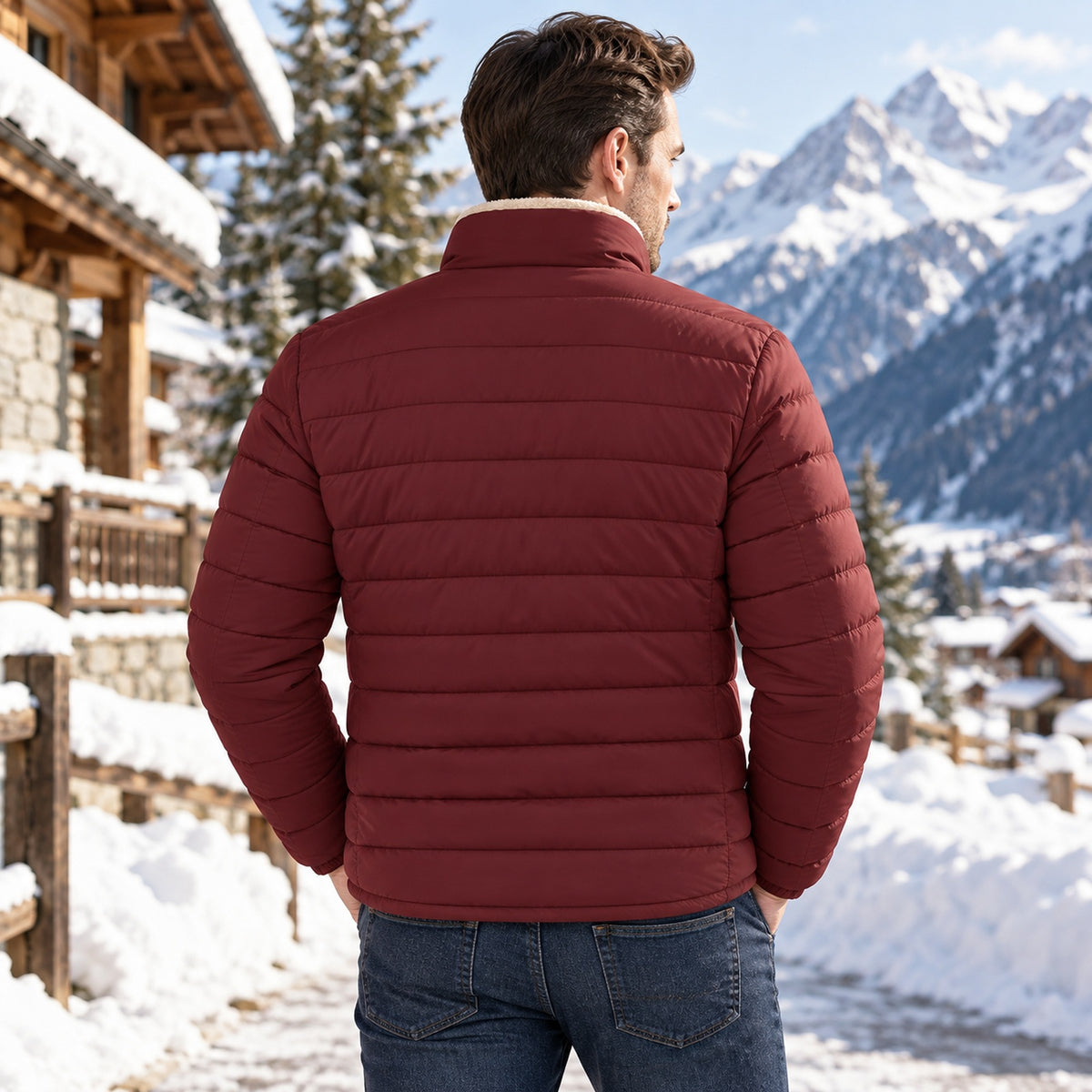 Doudoune Sherpa Homme bordeaux vue de dos, village de montagne enneigé