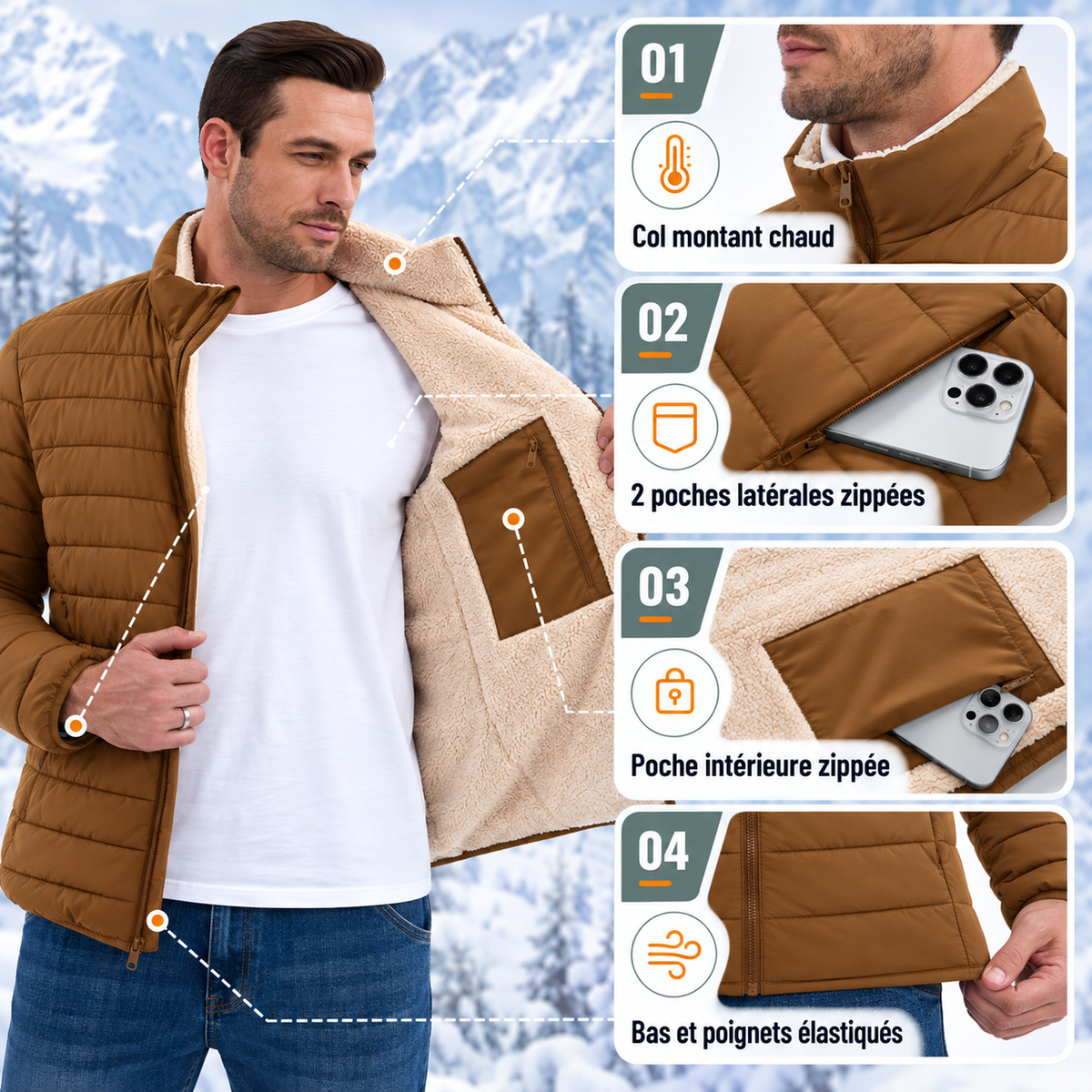 Doudoune Sherpa Homme - caractéristiques : col montant chaud, poches zippées, bas et poignets élastiqués