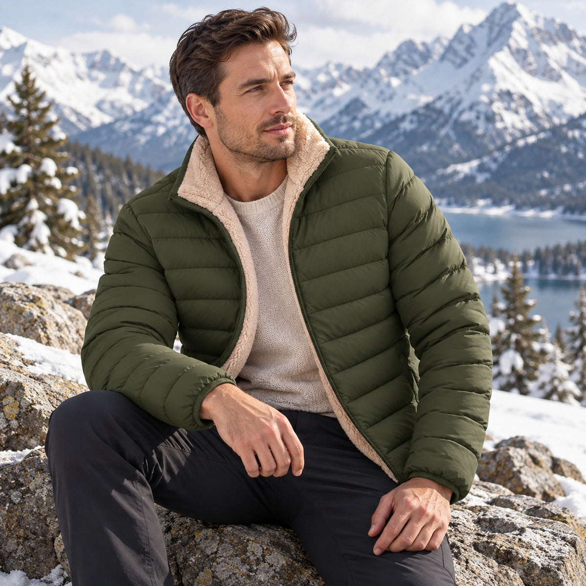 Homme assis en doudoune Sherpa vert militaire face au lac de montagne