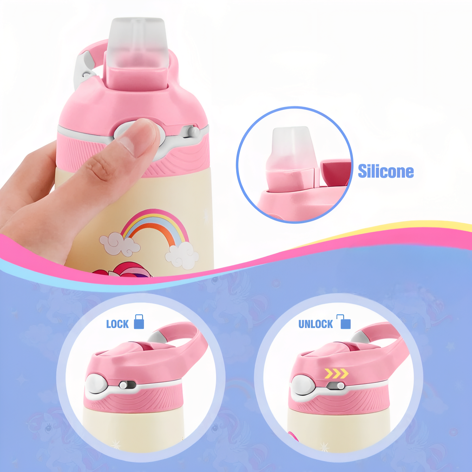 Gourde Enfant Flamant Rose 400ML gros plan mécanisme ouverture - Flamant Rose