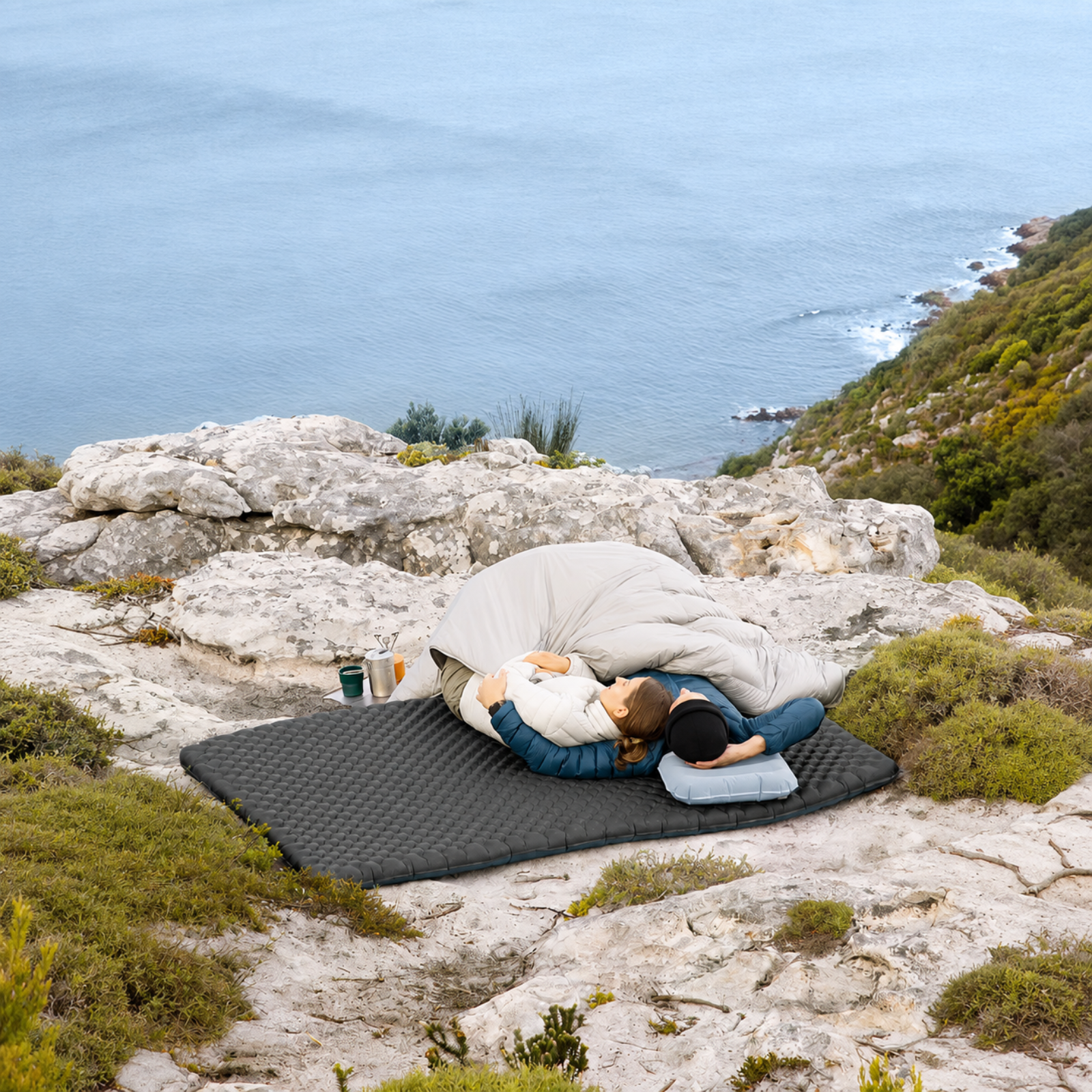 Matelas Gonflable Randonnée Ultra Léger duo sous duvet bord de mer - Beige Sable - Blanc