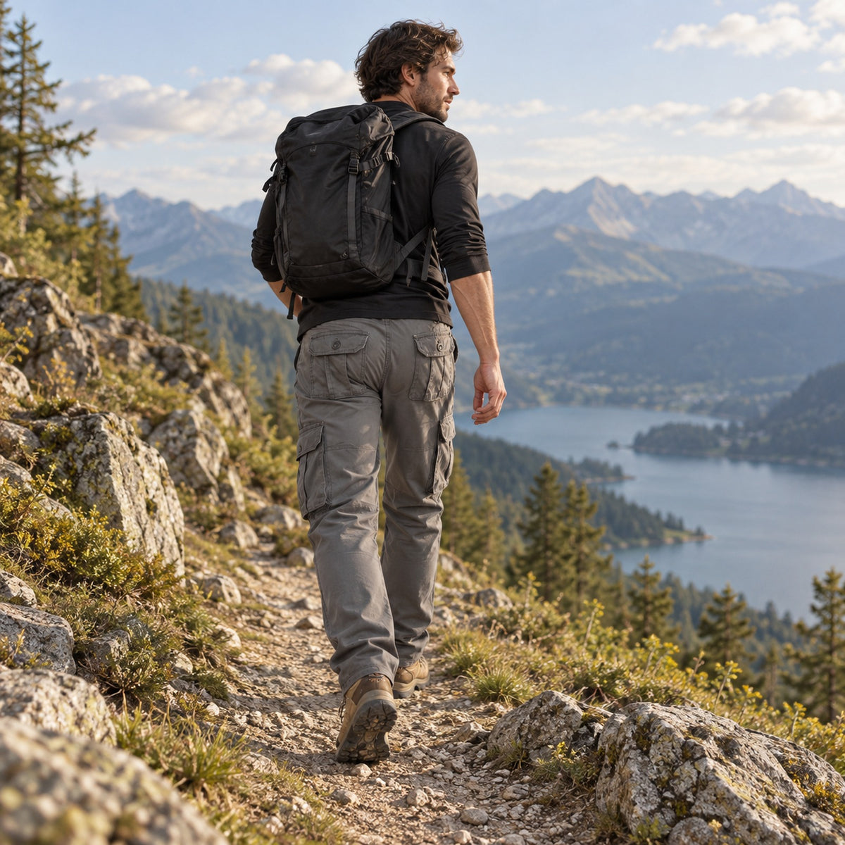 Pantalon cargo randonnée homme gris, vue de dos en randonnée