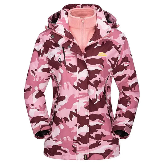Veste 3 en 1 femme randonnée imperméable polaire - coloris camouflage rose